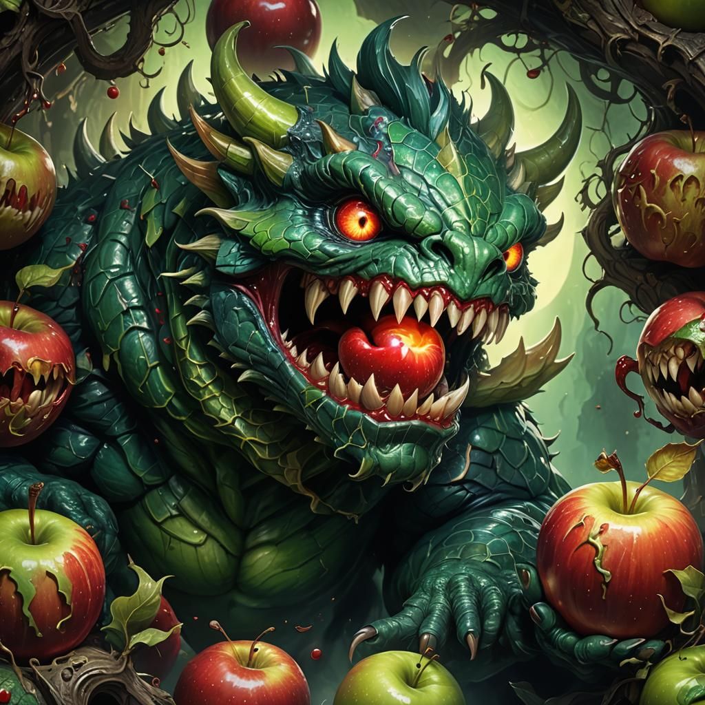 Ferocious Monster Bites Glowing Apple: Fantasy Concept Art