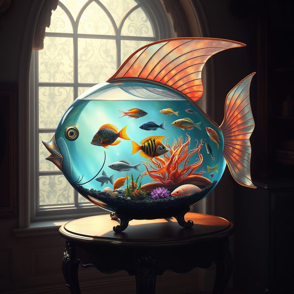 Whimsical Fish-Shaped Aquarium with Exotic Fish