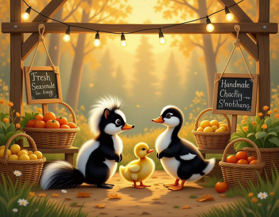 Whimsical Farmstand Scene with Skunk and Duckling