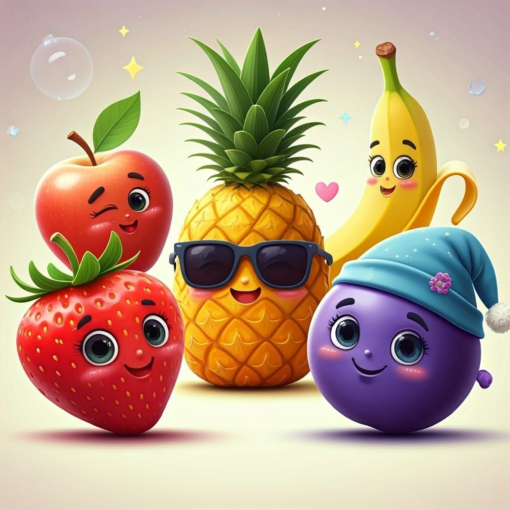 Cheerful Fruits in Kawaii Style Digital Art