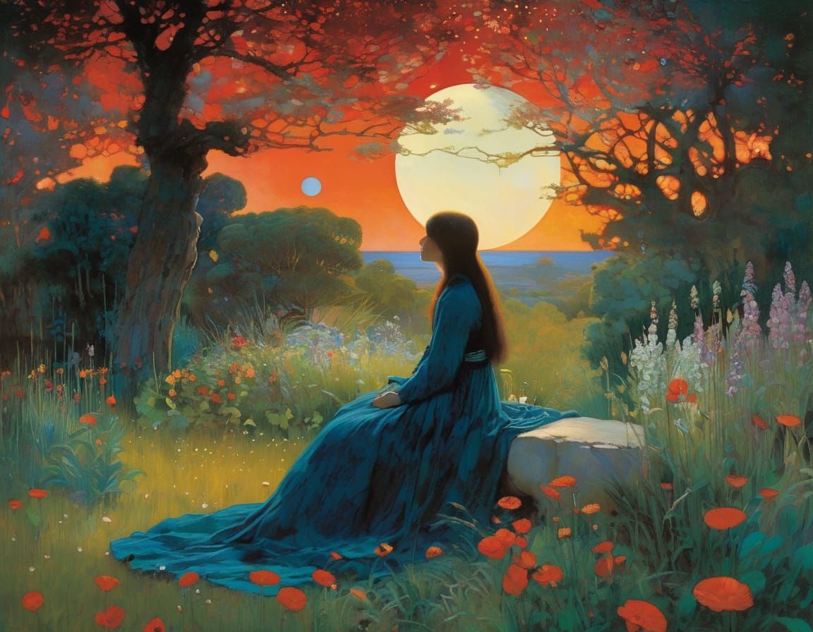 Enchanted Night Garden Inspired by Pre-Raphaelite Art