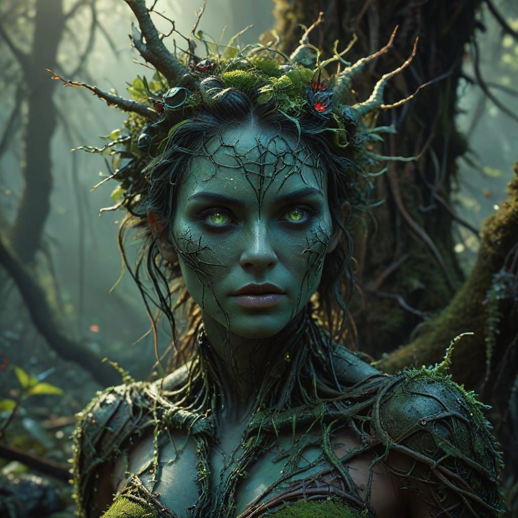 Mystical Flora Weaver in Jade-Green Skin and Earth-Toned Hai...