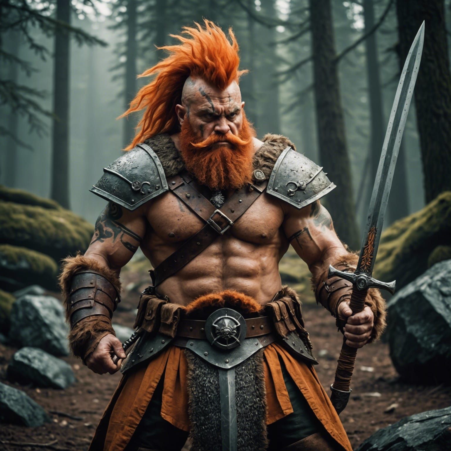 Orange Mohawk Dwarf Barbarian with Claymore Sword
