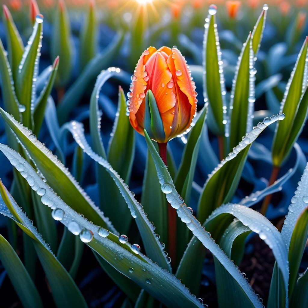Orange Tulip with Frozen Dew Drops Macro Photograph