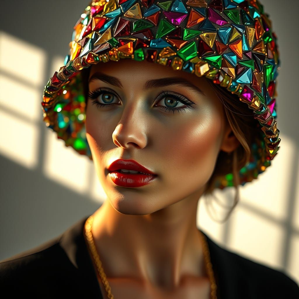 Model in Mosaic Glass Cloche Hat Studio Portrait