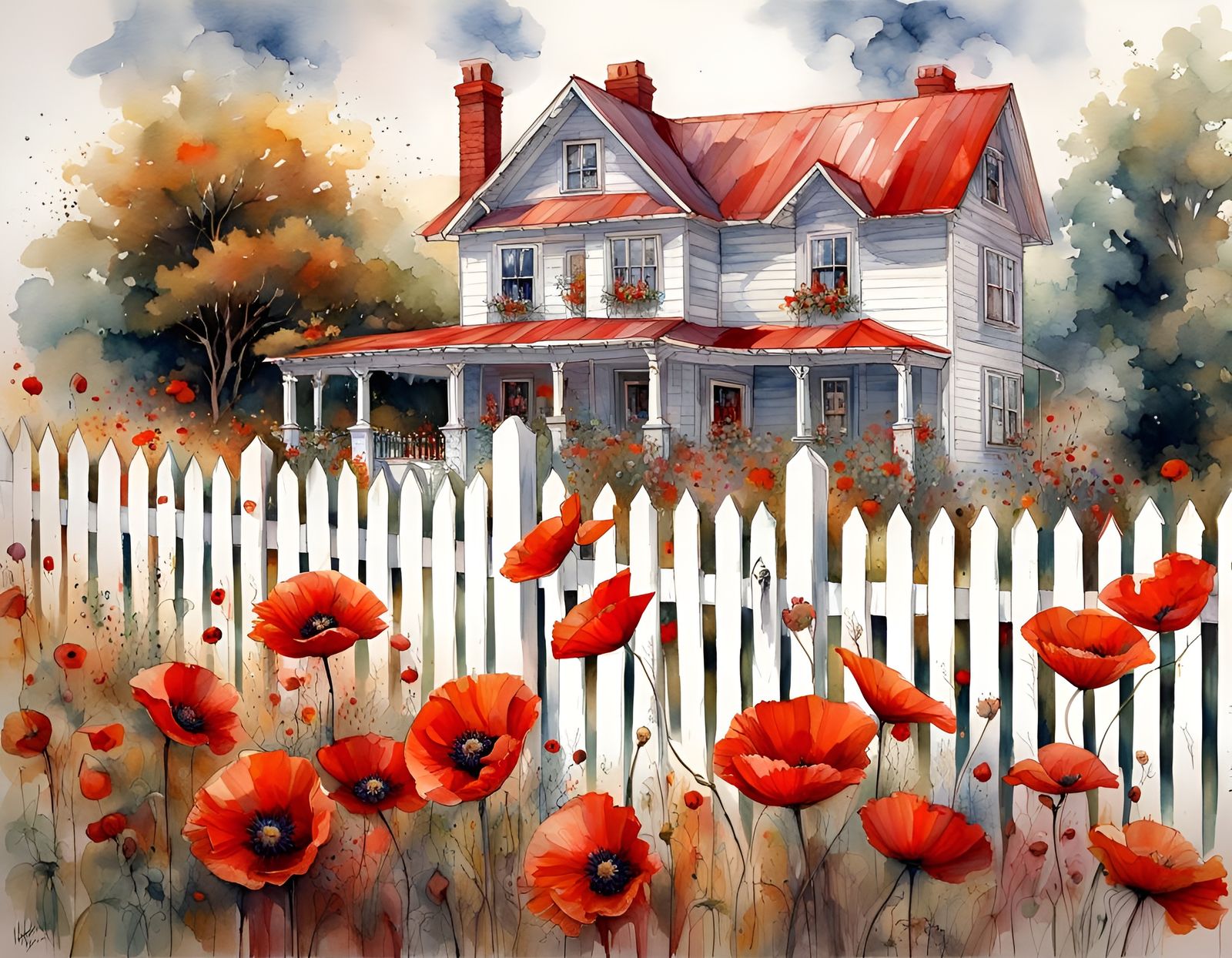 Poppies and Cottage in Watercolor Style