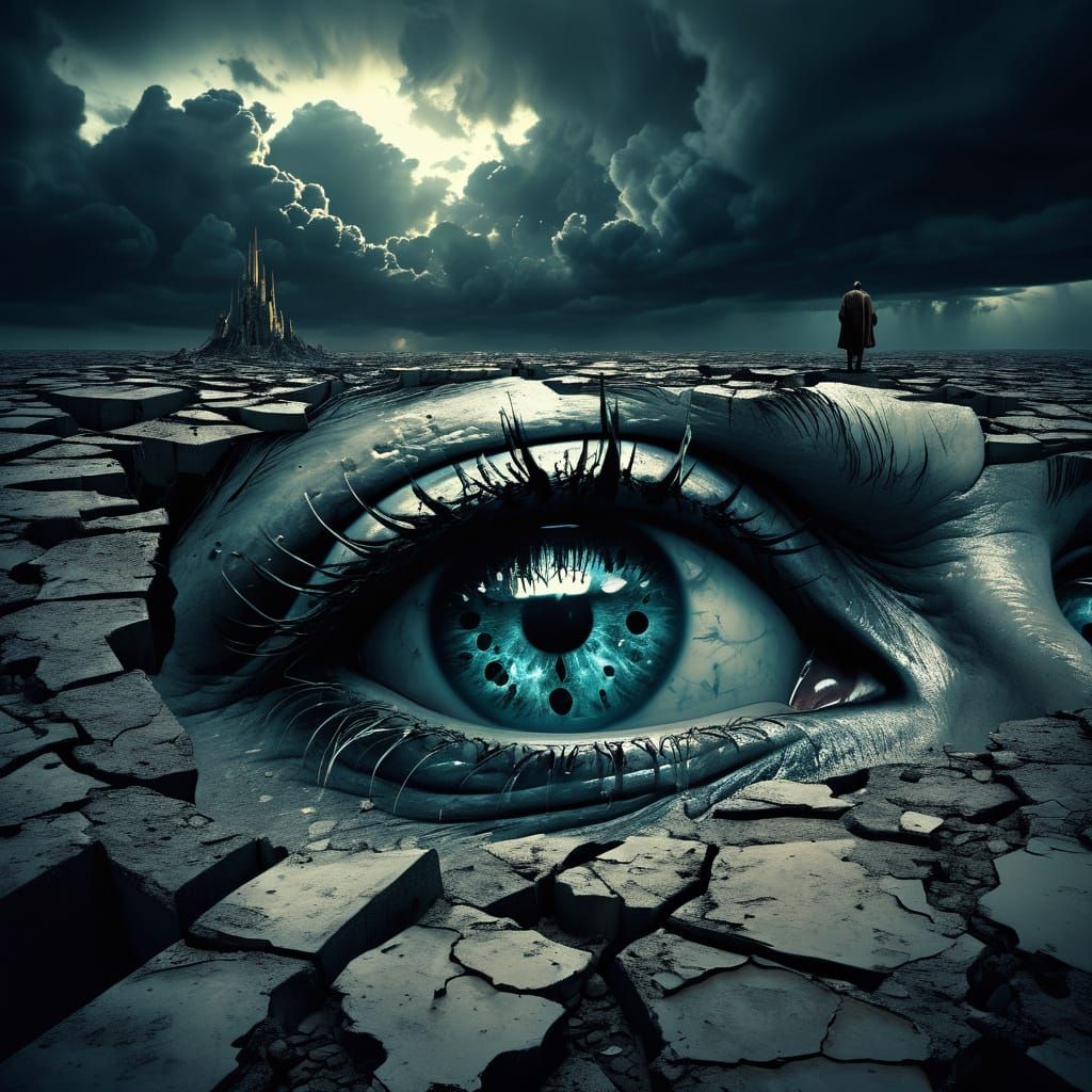 God Gazing at Desolate World in Surreal Style