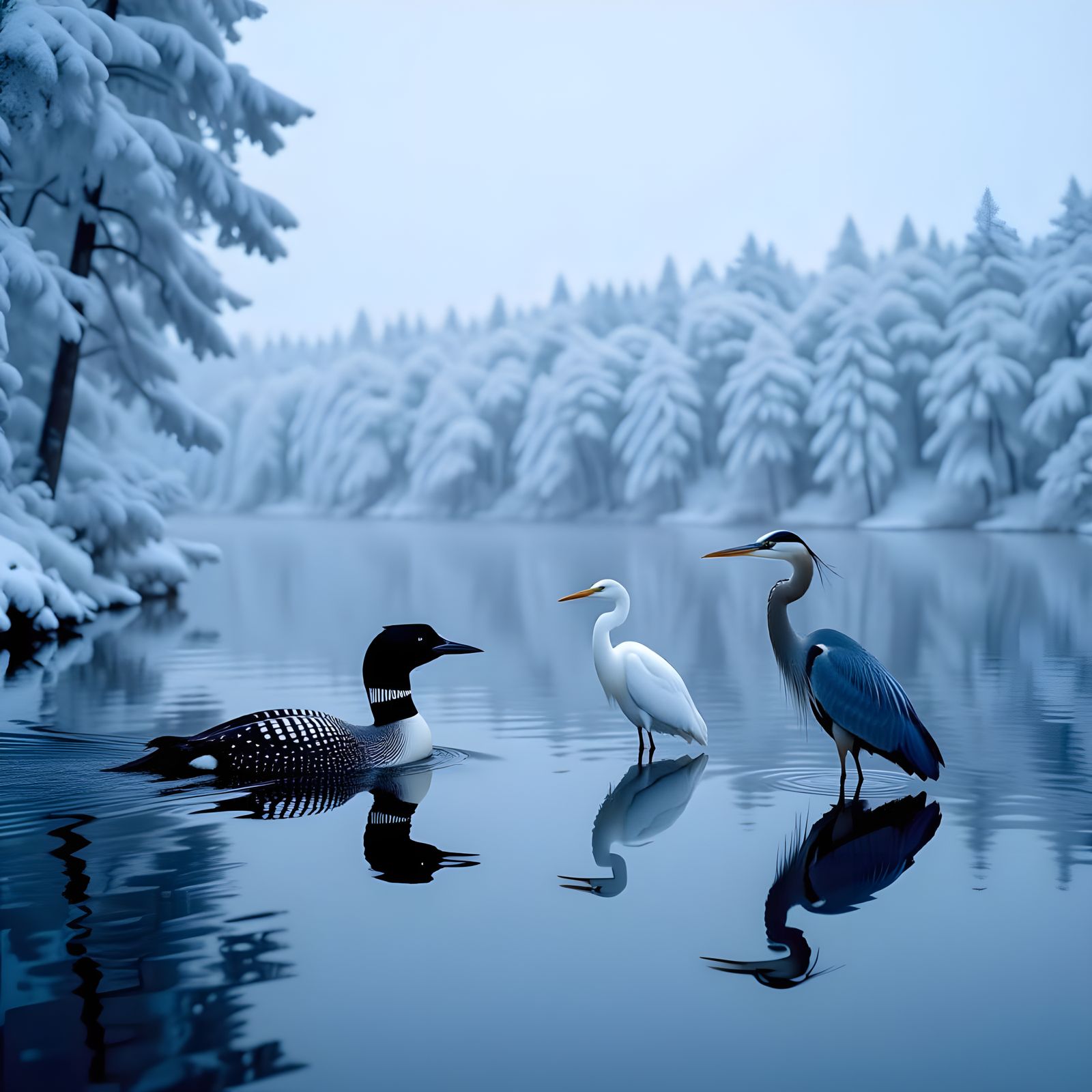 Infrared Forest with Lake, Loons and Egrets