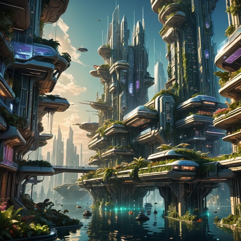 Futuristic Solar-Powered City with Vertical Gardens