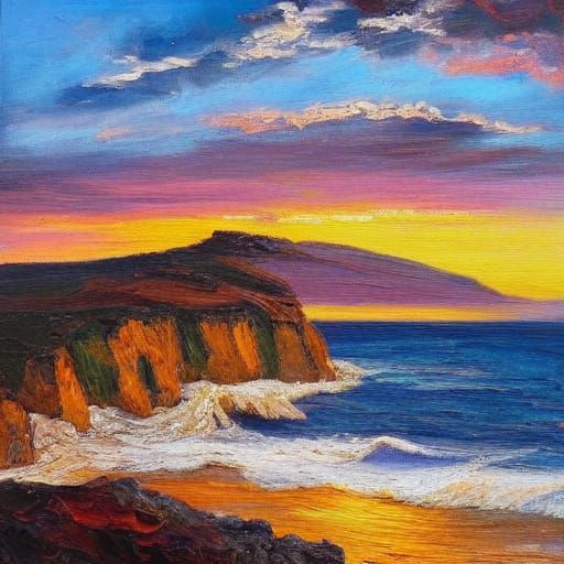 Impressionist Oil Painting of Dramatic Sunset Over Mediterra...