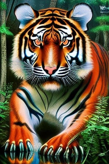 Too many claws this one has - Scary 🐯 Tiger in the forest at light, eyes burning bright, standing in a pond in a misty ...