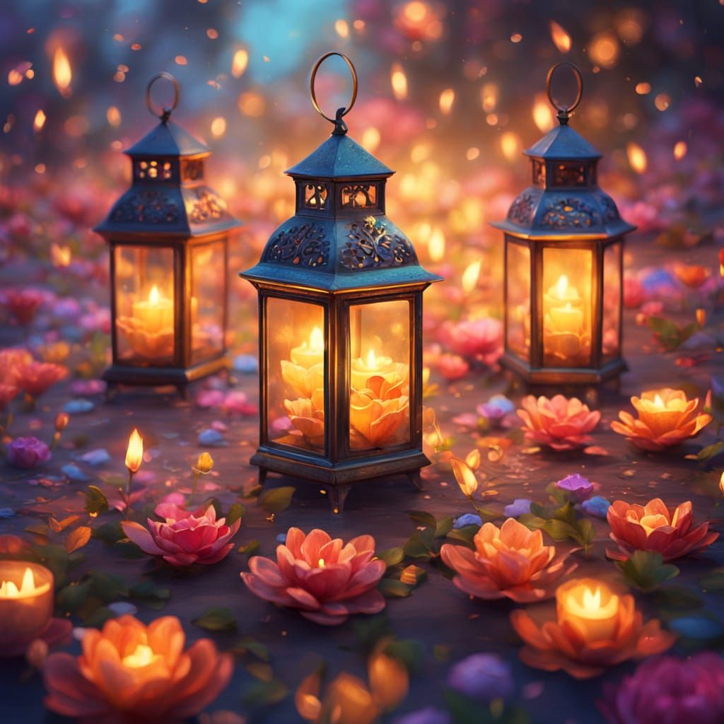 Floating Candle Lanterns in Vibrant Oil Painting Style