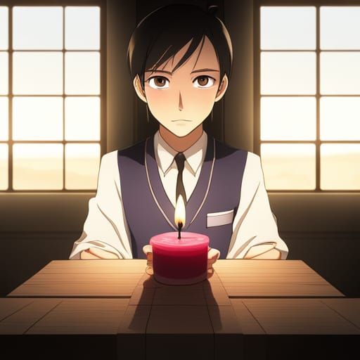 Anime Key Visual: Lit Candle in Dark Room