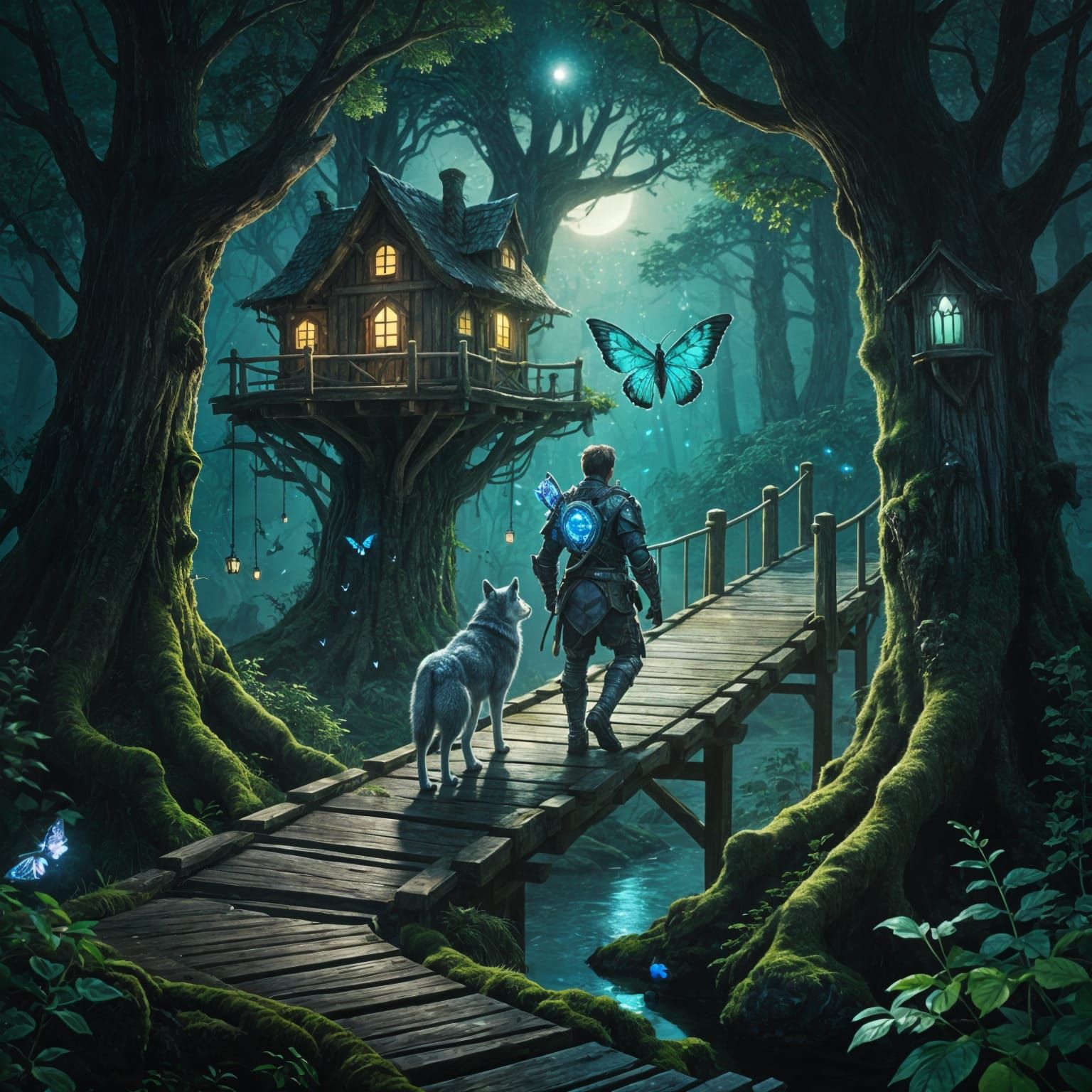 Man and Wolf on Bridge to Treehouse at Night