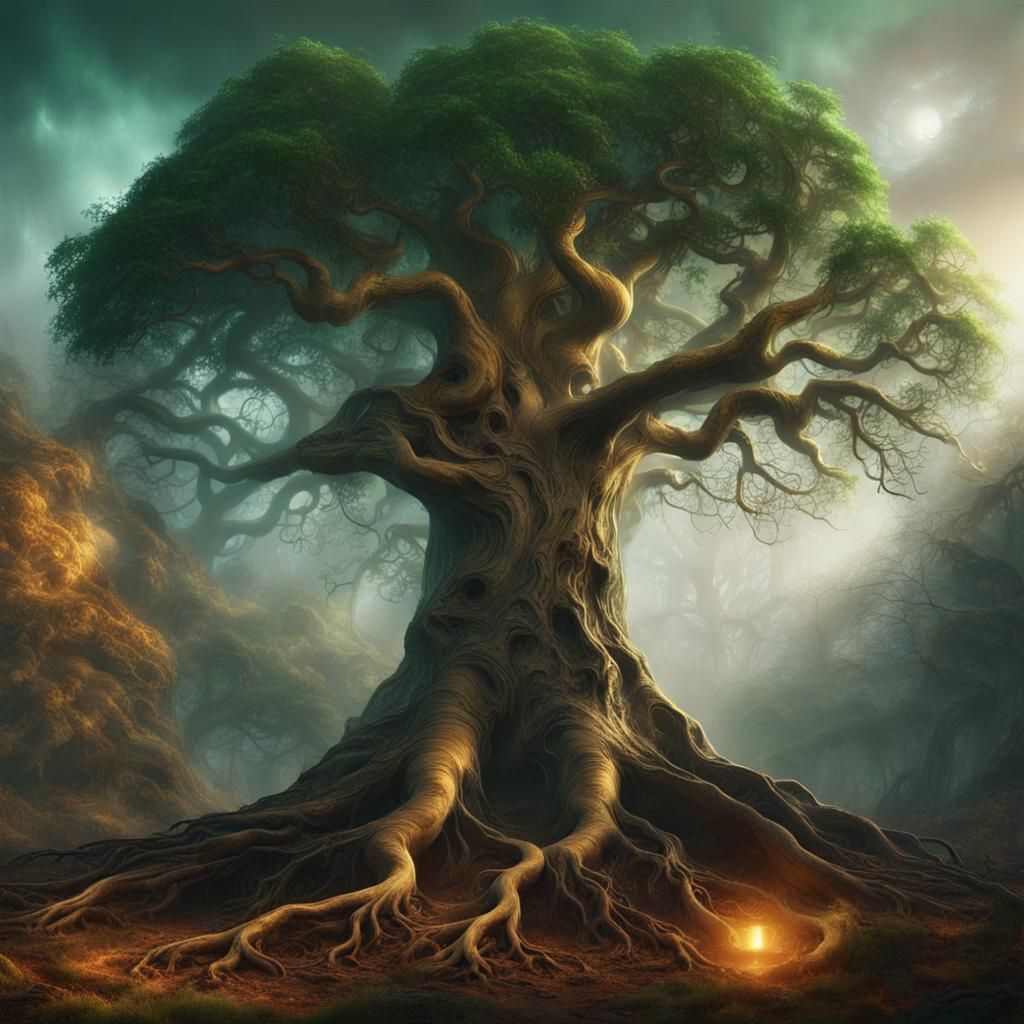 Mystical Tree of Life in Foggy Forest