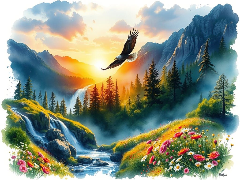 Surreal Mountain Sunrise with Eagle in Ethereal Watercolour