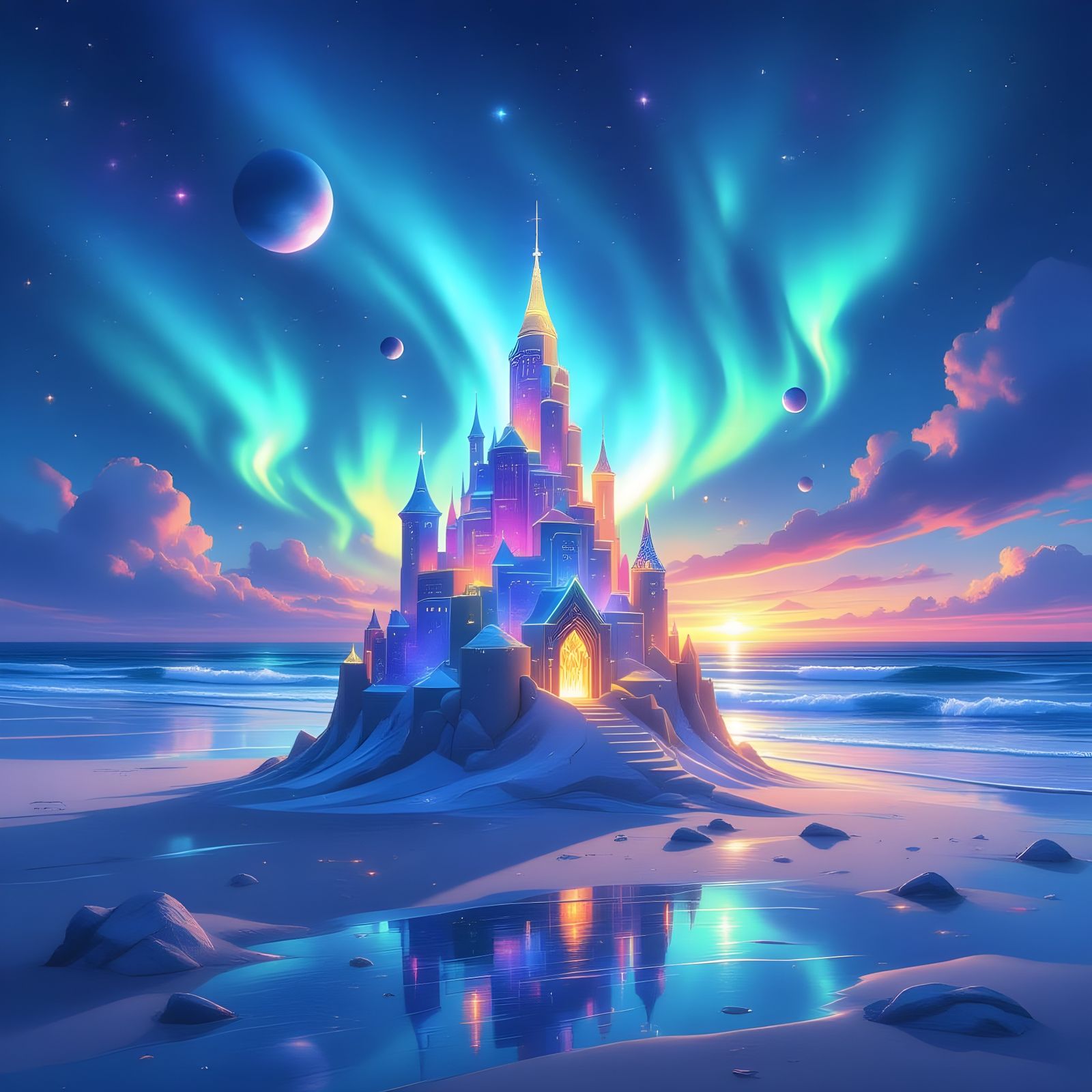 Astral Sandcastle on Cosmic Beach with Aurora Sky
