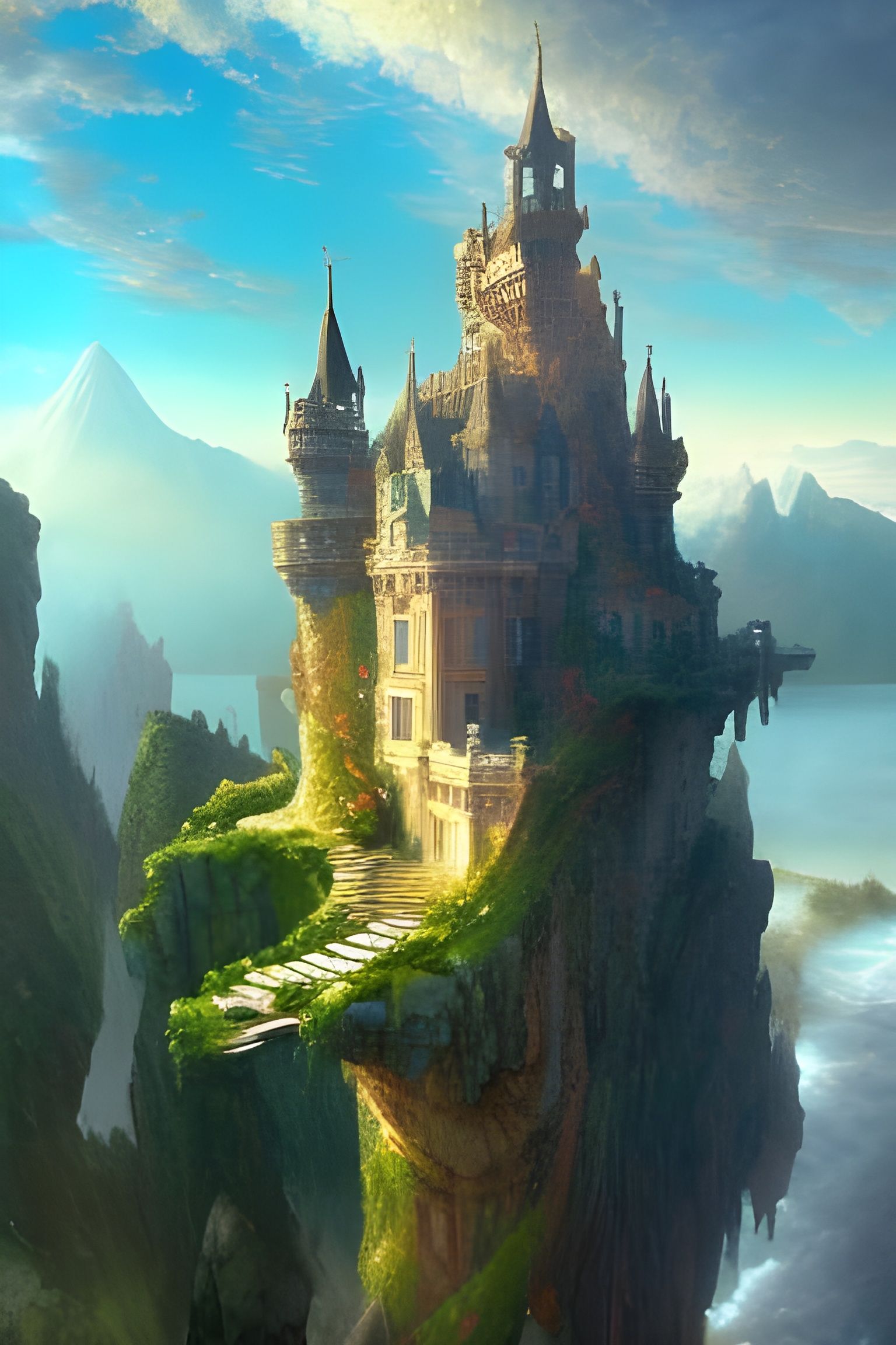 Castle on Mountain Lake: Hyperdetailed Digital Illustration