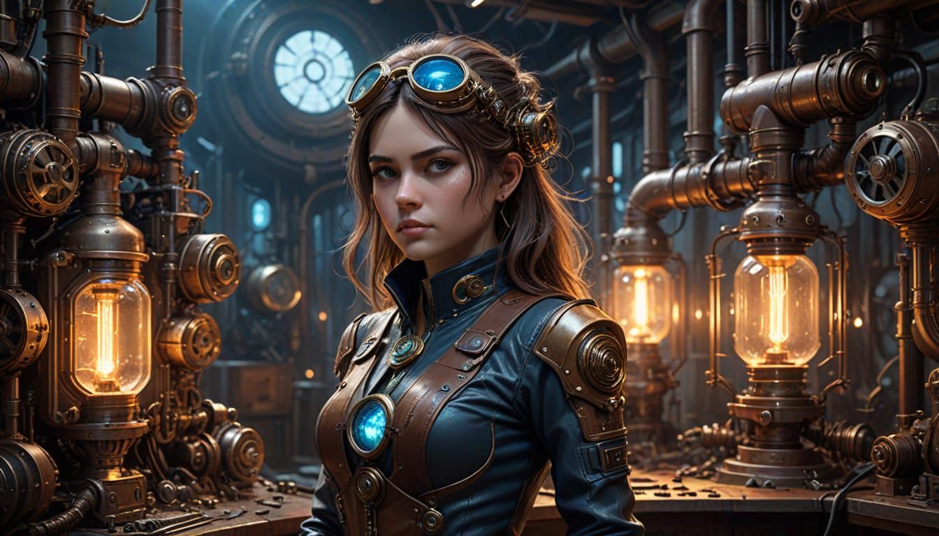 Steampunk Inventor Operates Gear-Driven Machine in Cluttered...