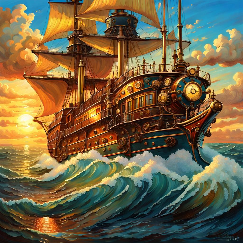 Steampunk Ship Sailing on the Ocean as Oil Painting