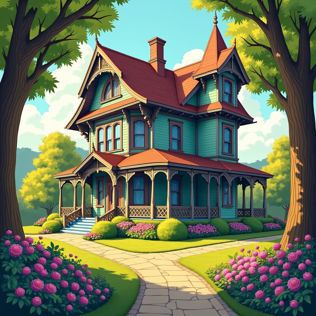 Majestic Victorian House with Lush Garden, Disney Illustrati...