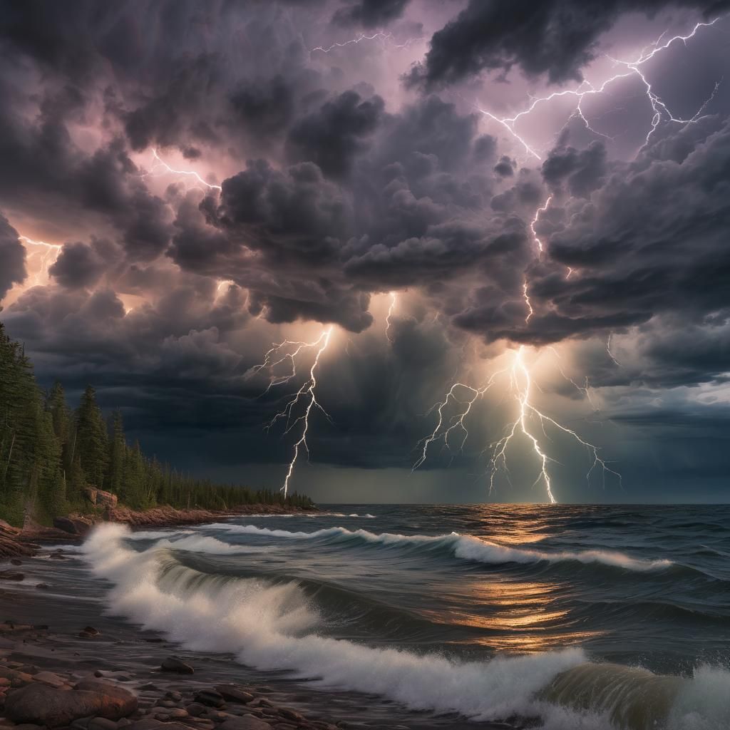 Lake Superior Lightning Storm at Sunset in HDR