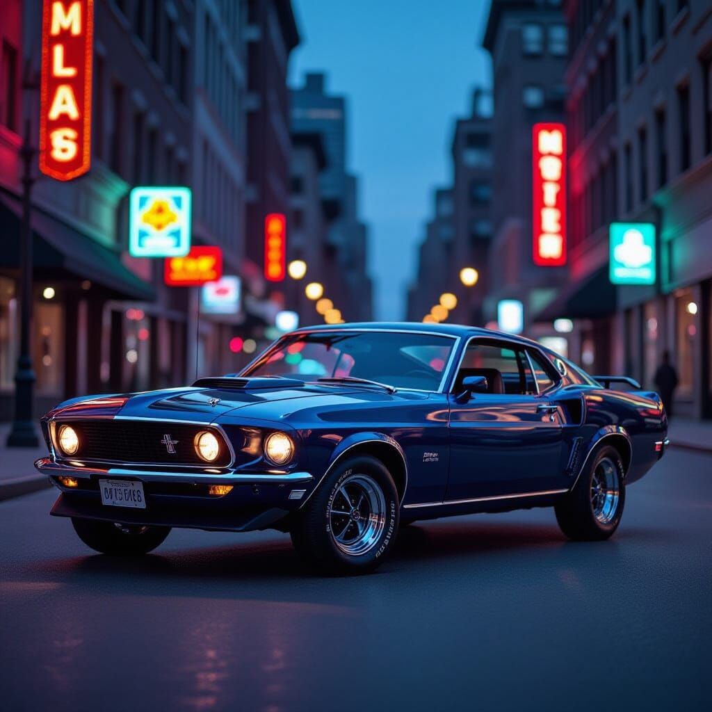 Midnight Blue 1969 Mustang Mach 1 at Dusk