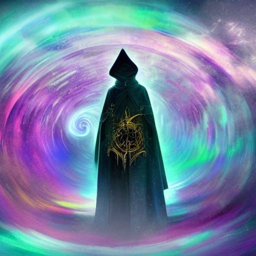 Mystical Figure in a Swirling Vortex of Purple and Green