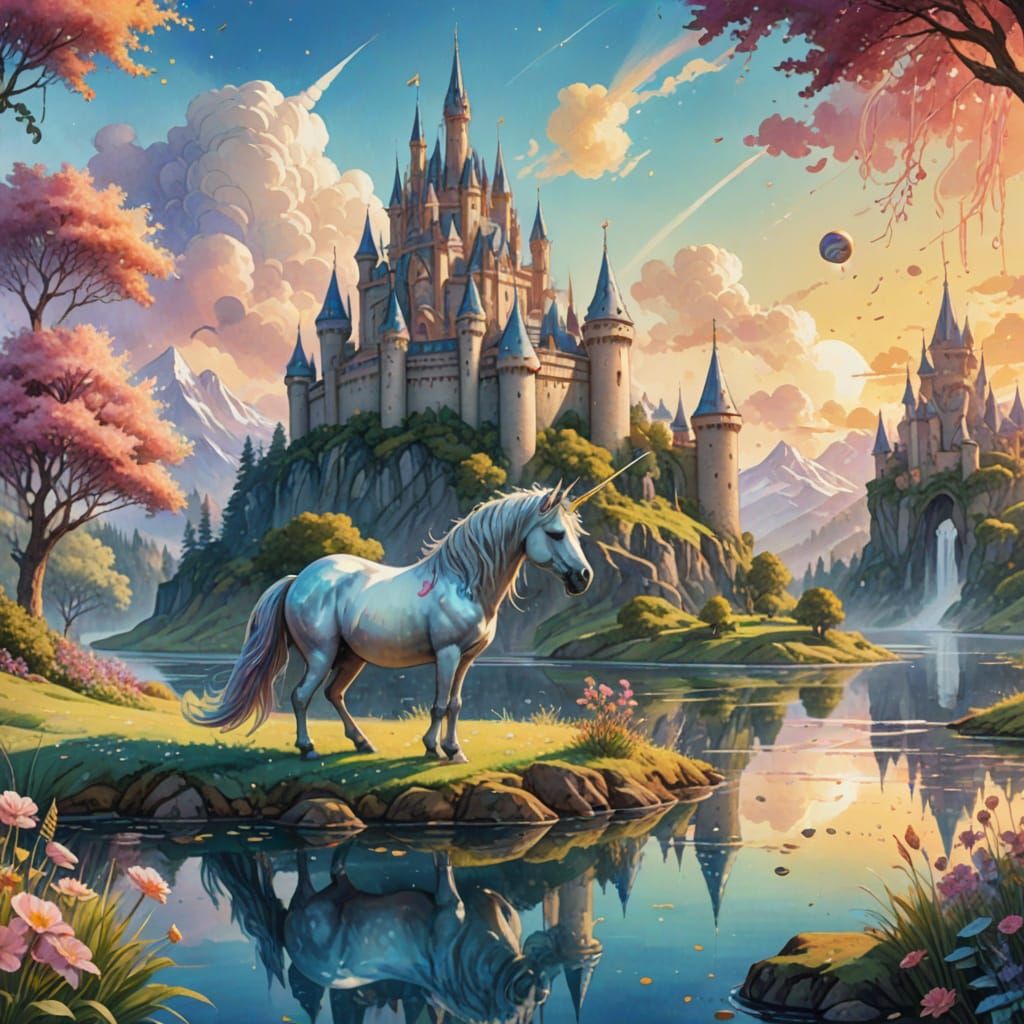 Unicorn Grazing Near Castle on Floating Island