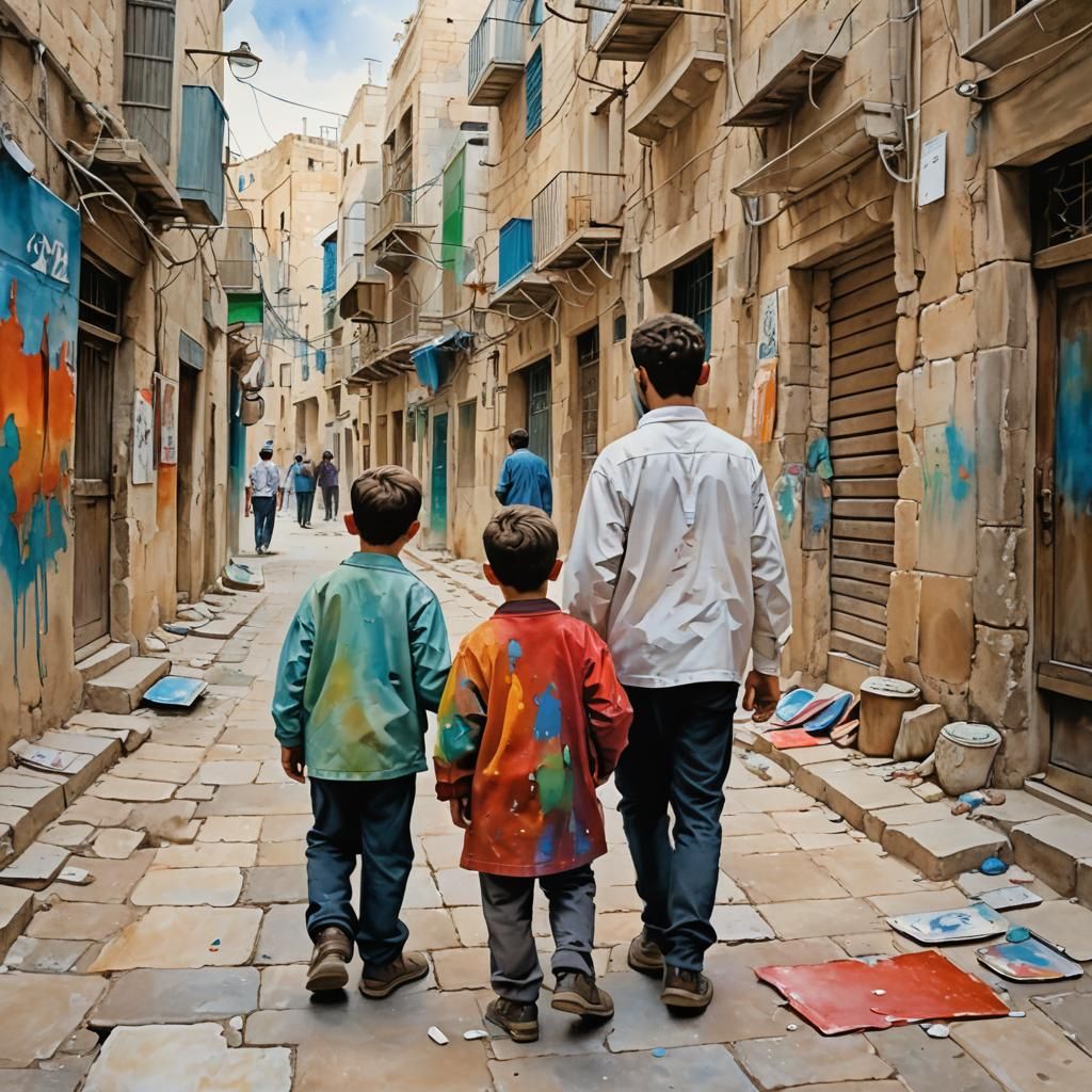 Hasidic Boys in Jerusalem: An Impressionist Gouache Painting