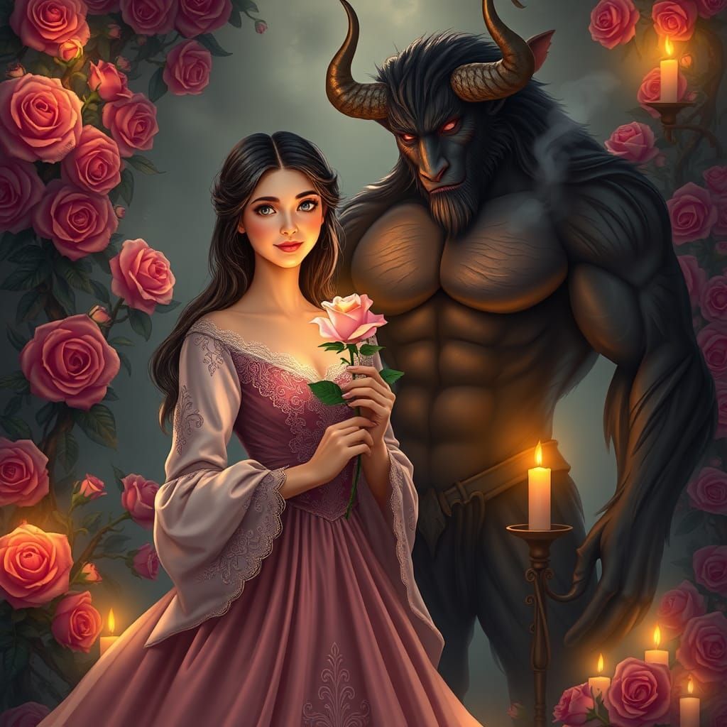 Enchanted Beauty and Beast in Rose Garden
