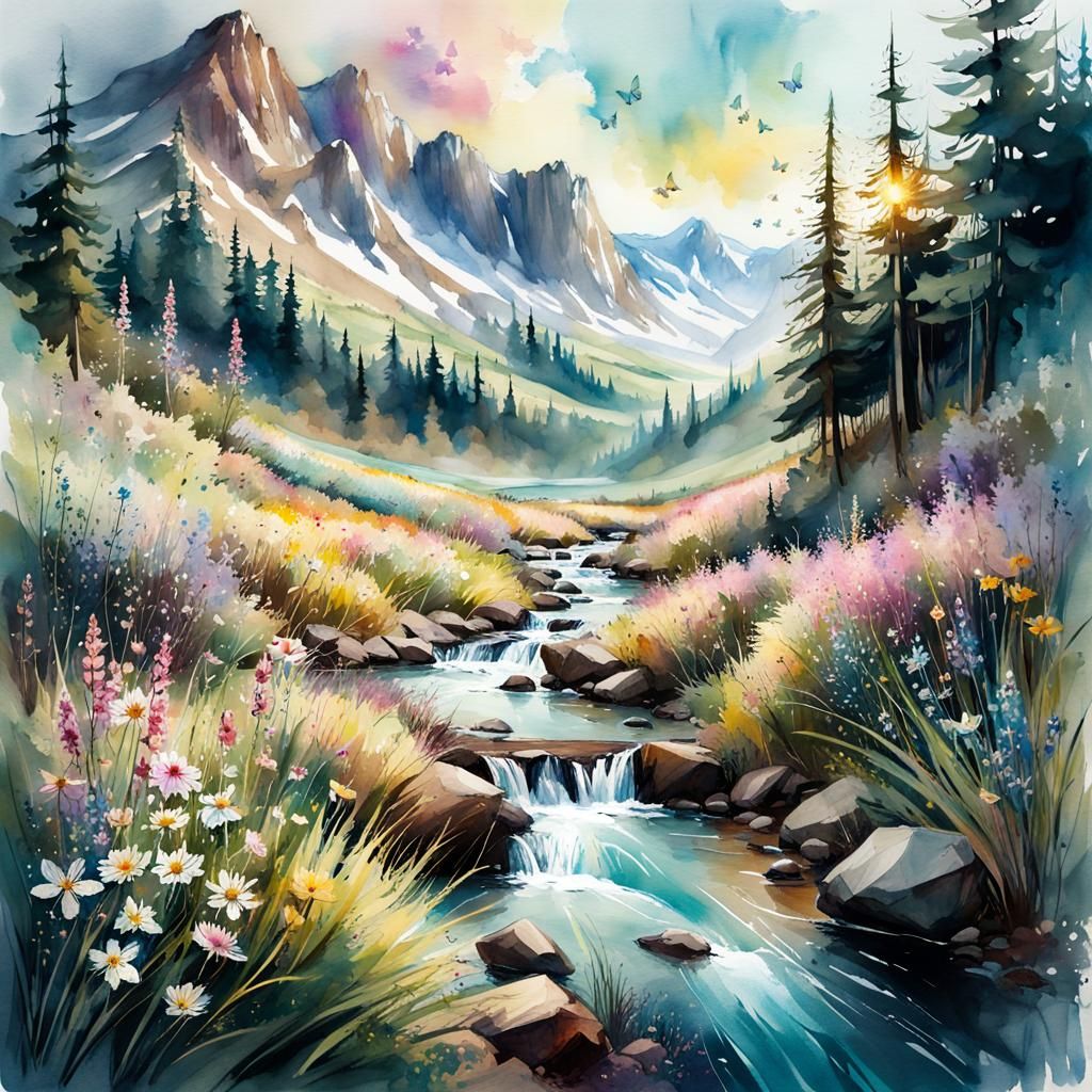 Mountain River Landscape in Watercolor Style