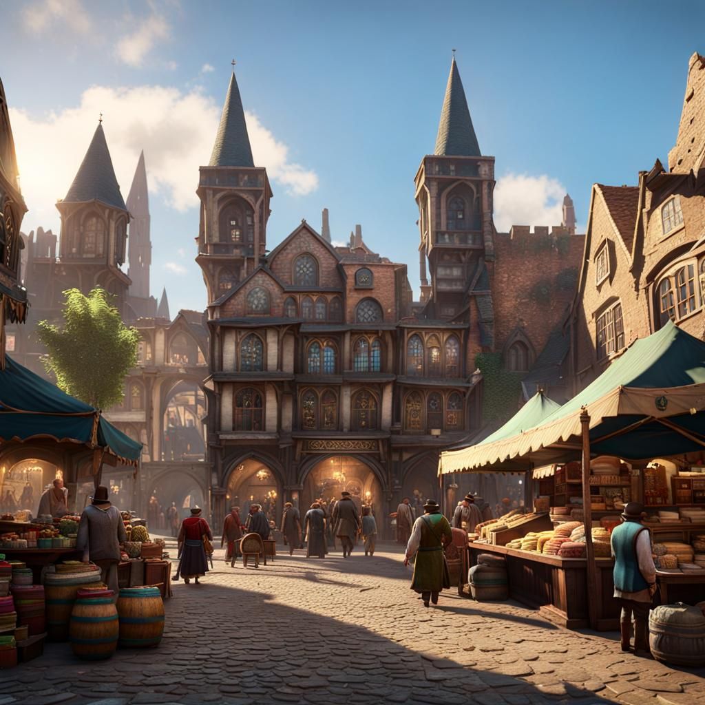 Lively City Market Square Rendered in 3D