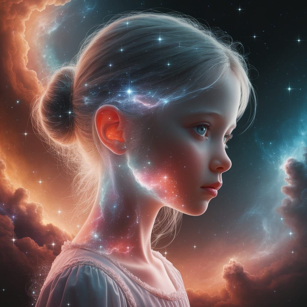 Girl Illuminated by Celestial Wonders in Ethereal Portrait