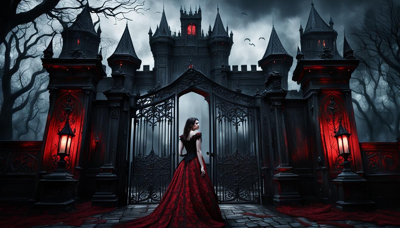 Ethereal Vampire at Fortress in Oil Painting Style