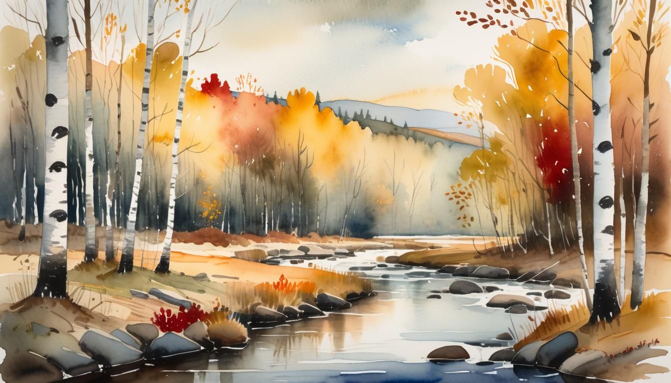 Autumnal Birch Forest Stream in Watercolor Style