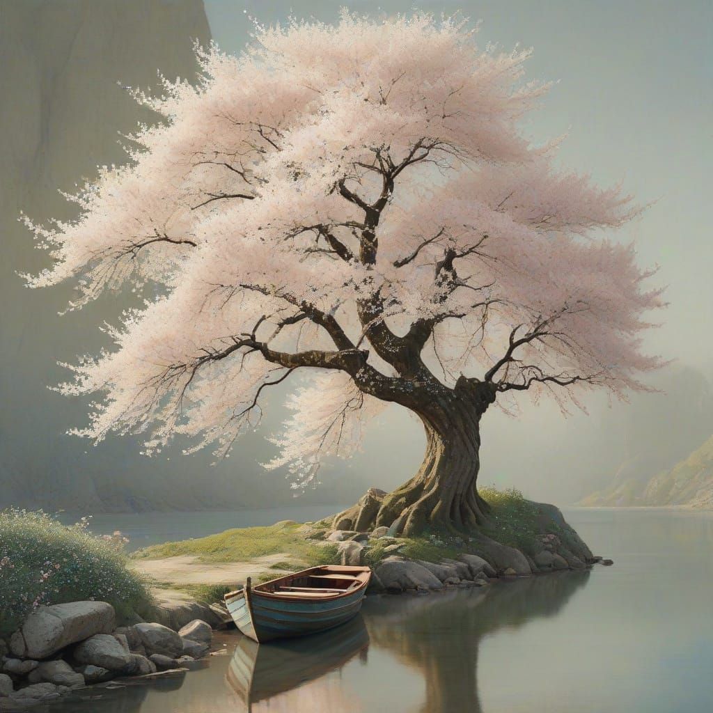 Ethereal Cherry Blossom Scene in Dulac-Inspired Art