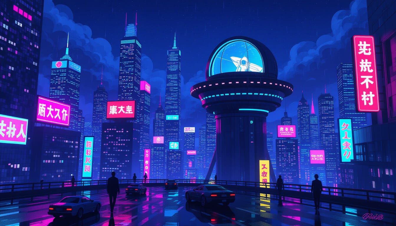 Retro-Futuristic Cityscape at Night with Observatory