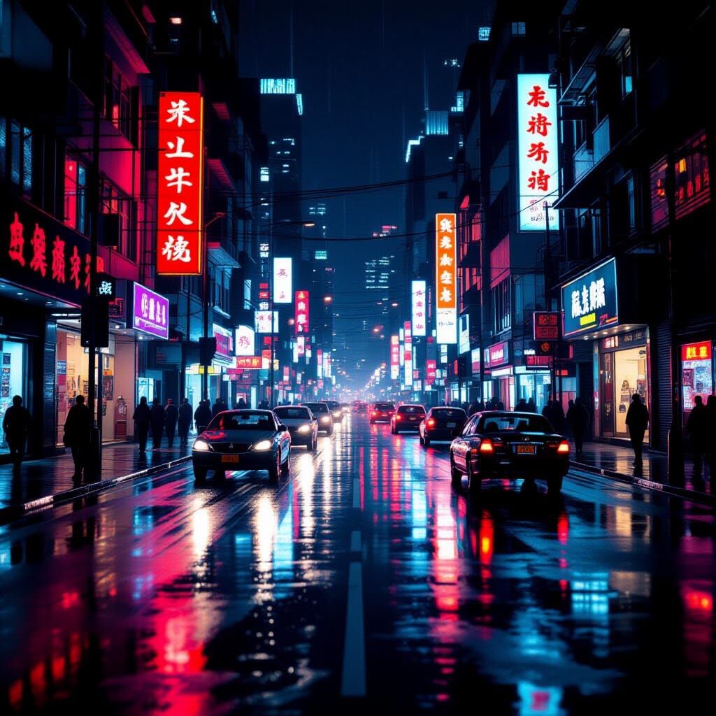 Neon Reflections on Rainy City Street: Film Noir