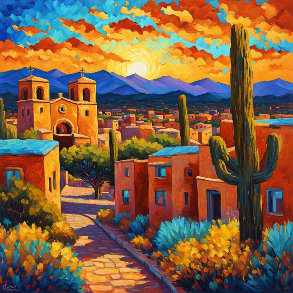 Santa Fe Cityscape in Expressionist Oil Painting Style