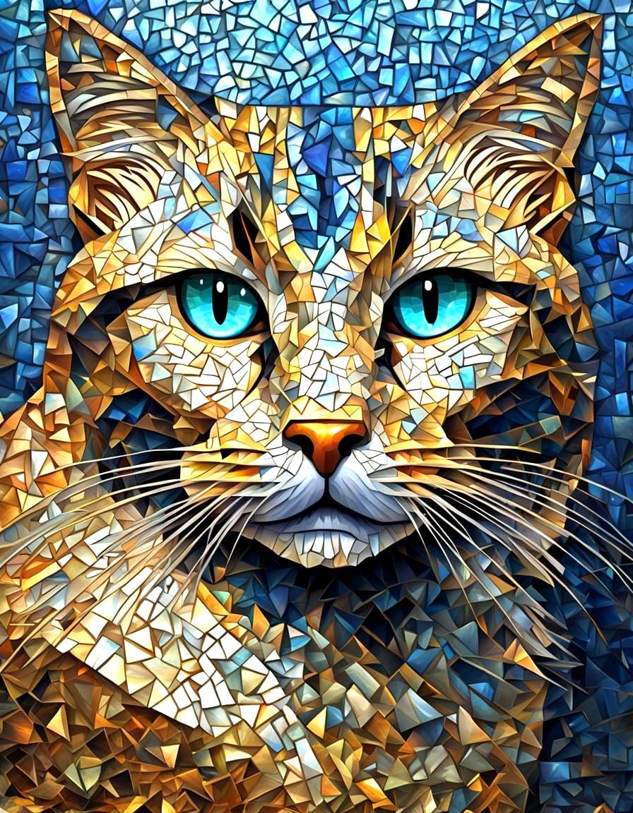 Mosaic Cat Portrait in Reflective Art Style