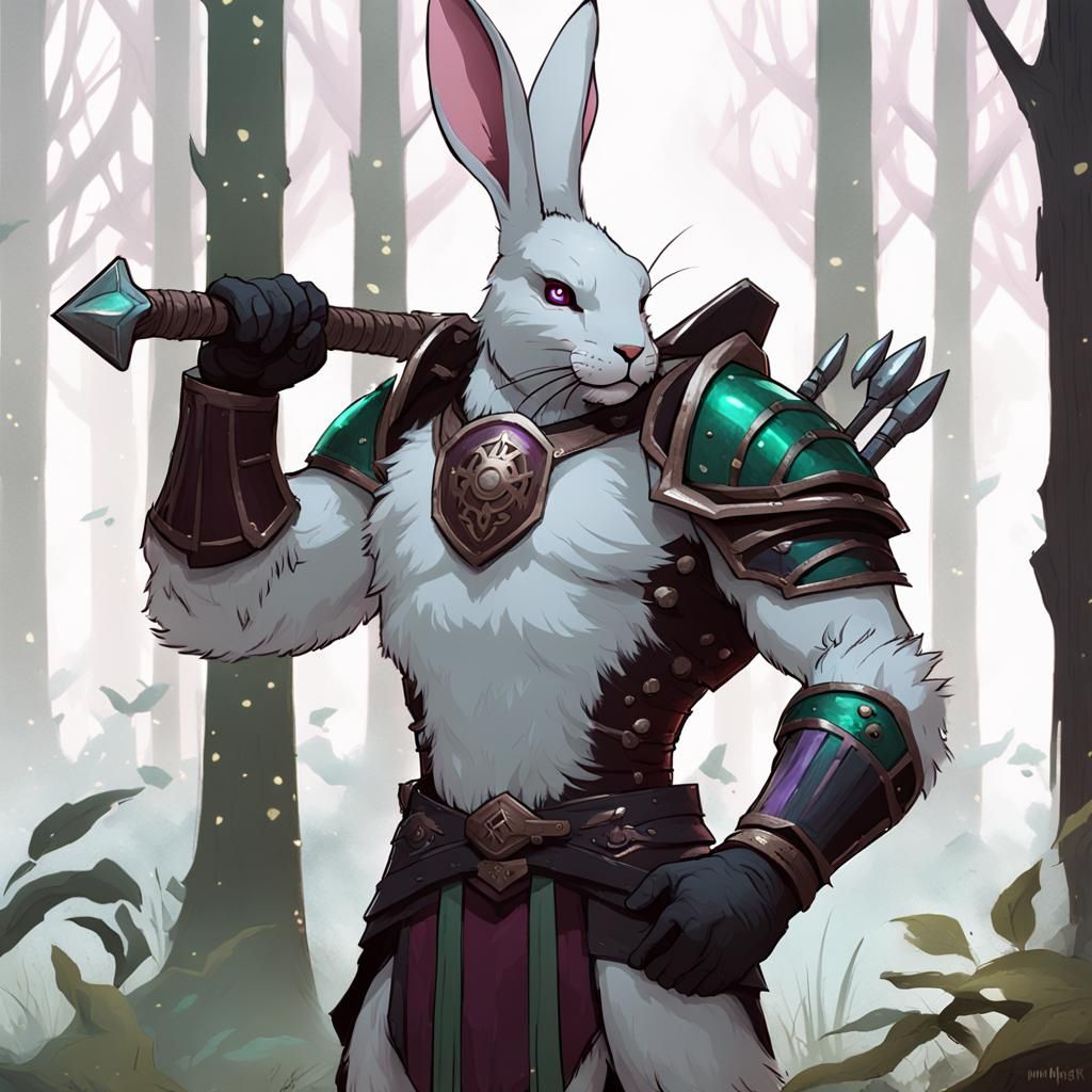 Rabbit Warrior in Forest, Dark Fantasy Concept Art