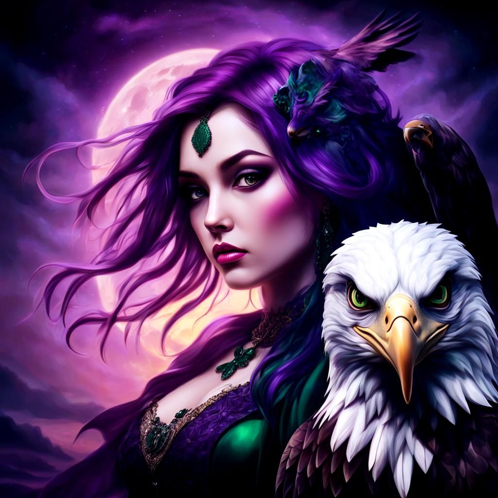 Purple Haired Woman with Eagle in Dark Fantasy Style