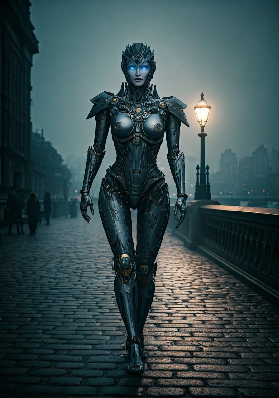 Ethereal Cybertronian Woman Contemplates Misty Riverbank in...