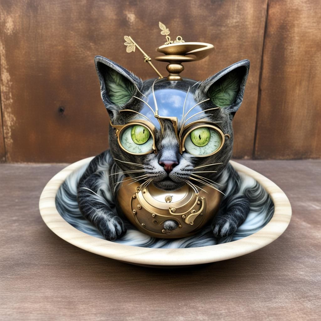 Steampunk Cat Angel Marble Sculpture with Catnip