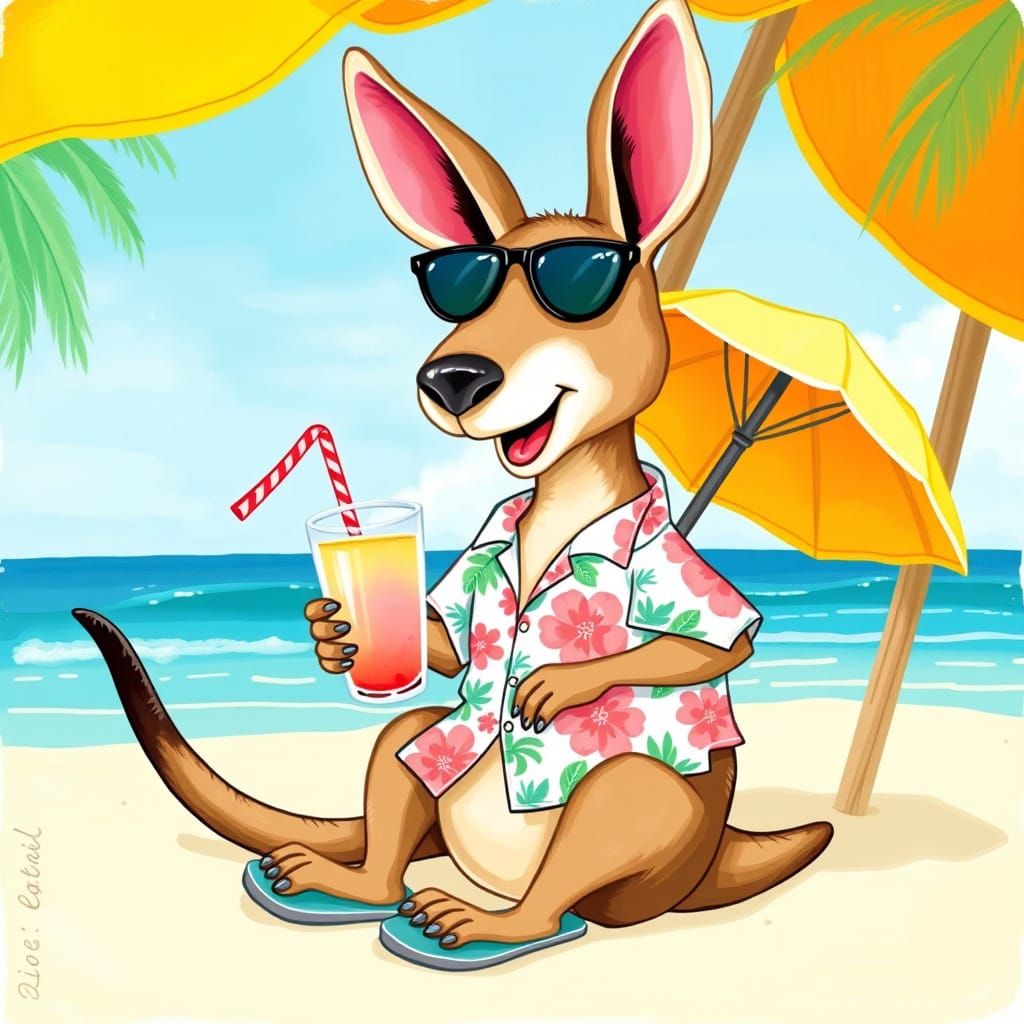 Colorful Beachside Kangaroo in Hawaiian Attire