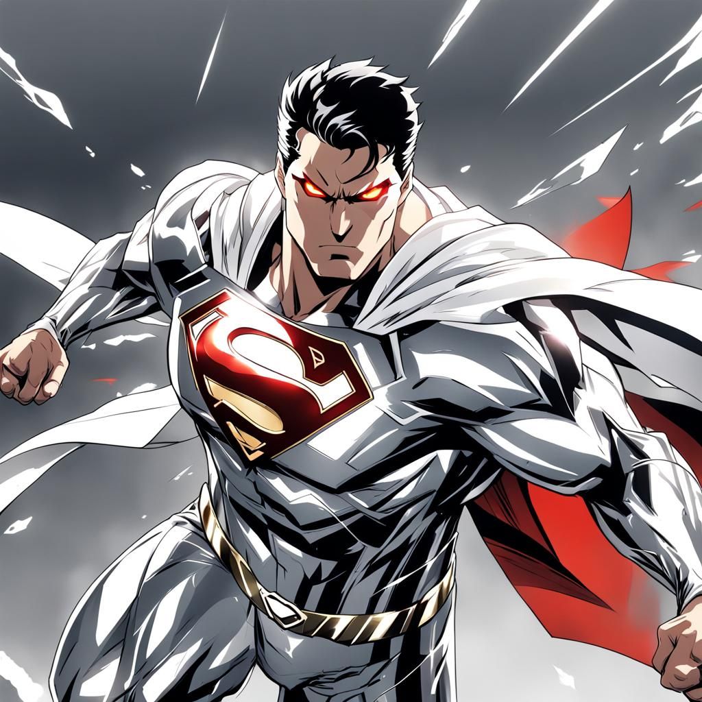 Superman in White Suit with Red Eyes, Anime Style