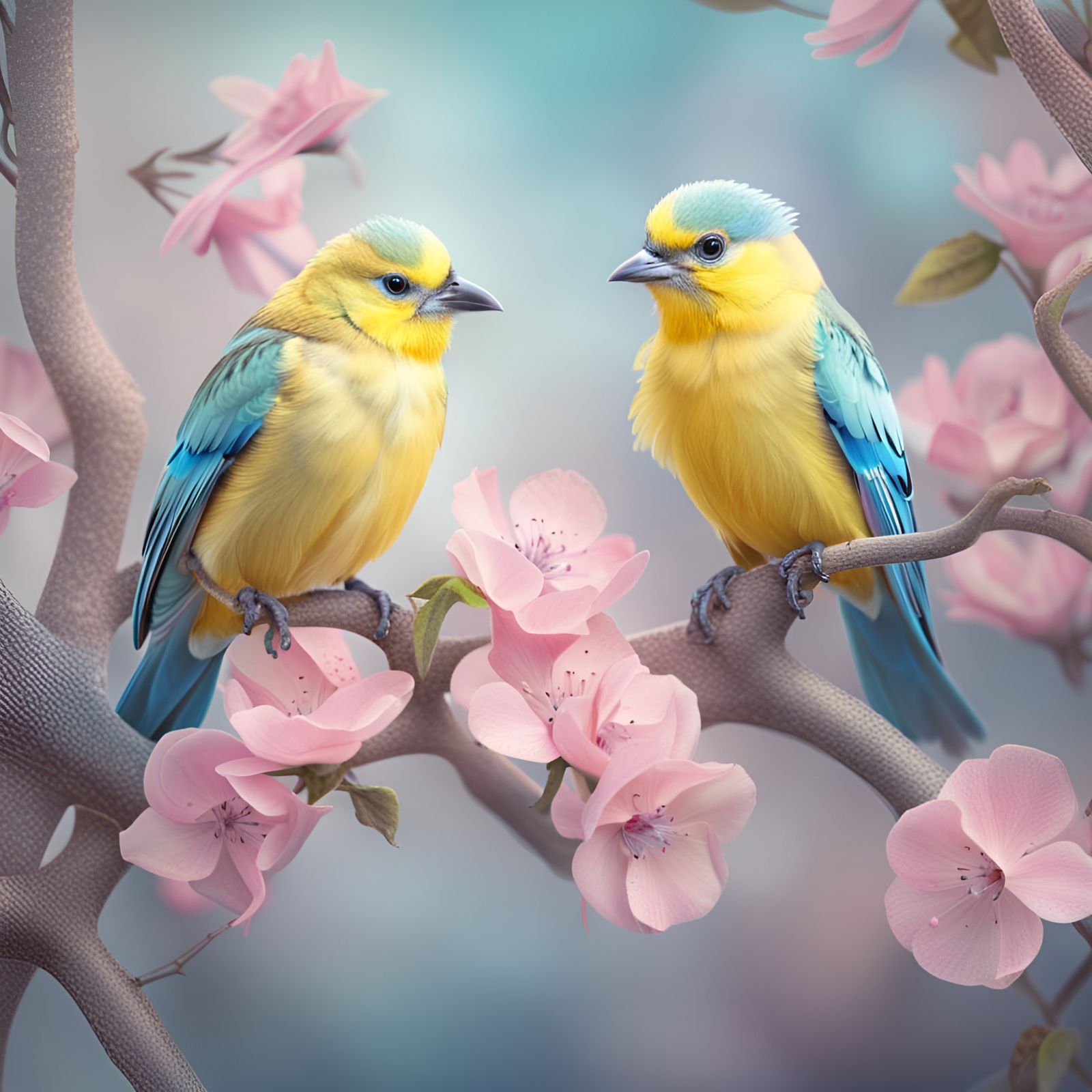 Yellow Birds on Flowering Branch in Pastel Colors