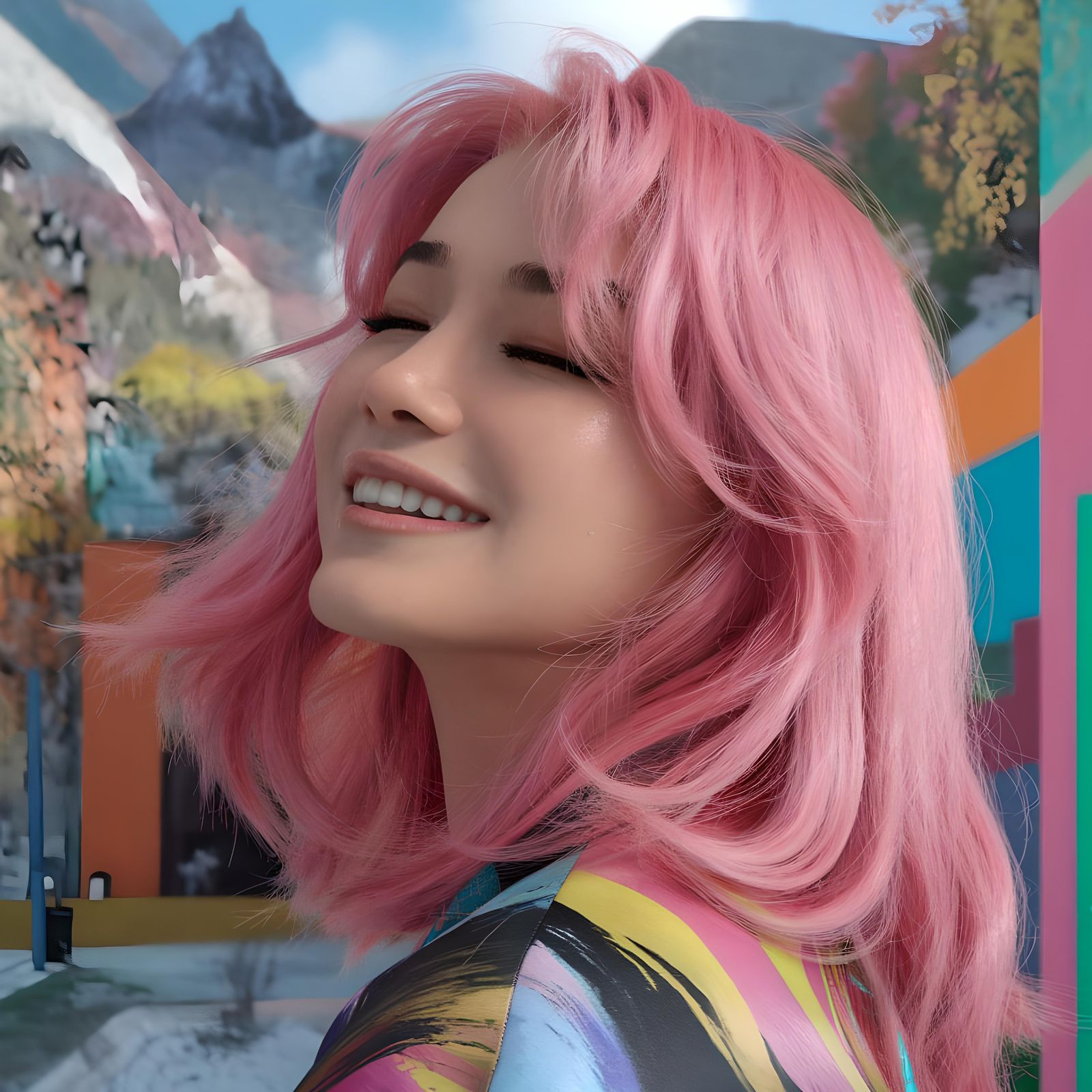 Beautiful Woman with Pink Hair in Splash Art Style