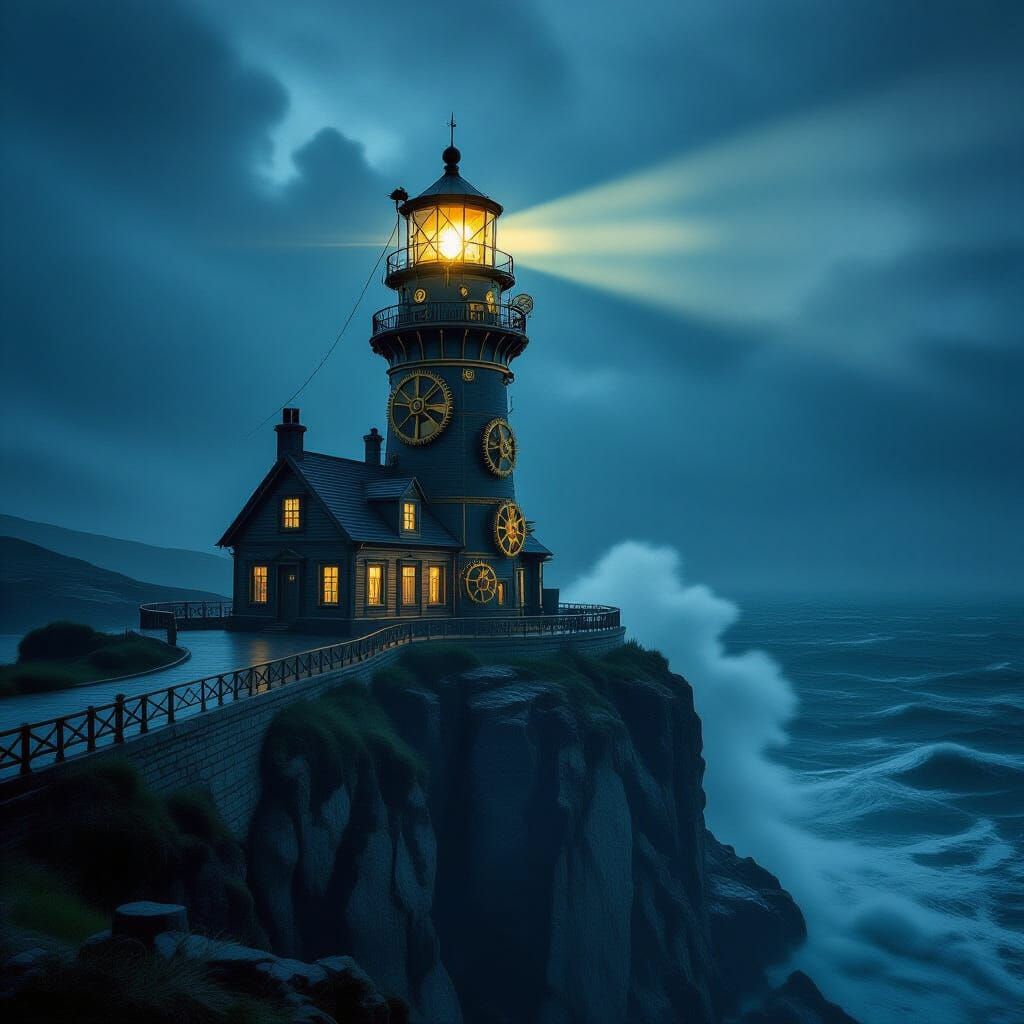 Steampunk Lighthouse Gleaming in Stormy Twilight